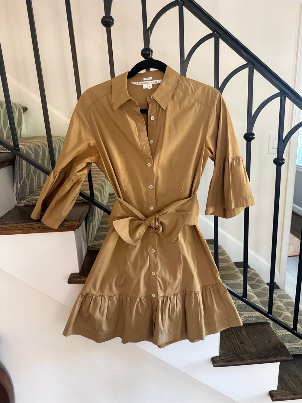 Veronica Beard Camel Tie-Waist Button-Front Mini Dress